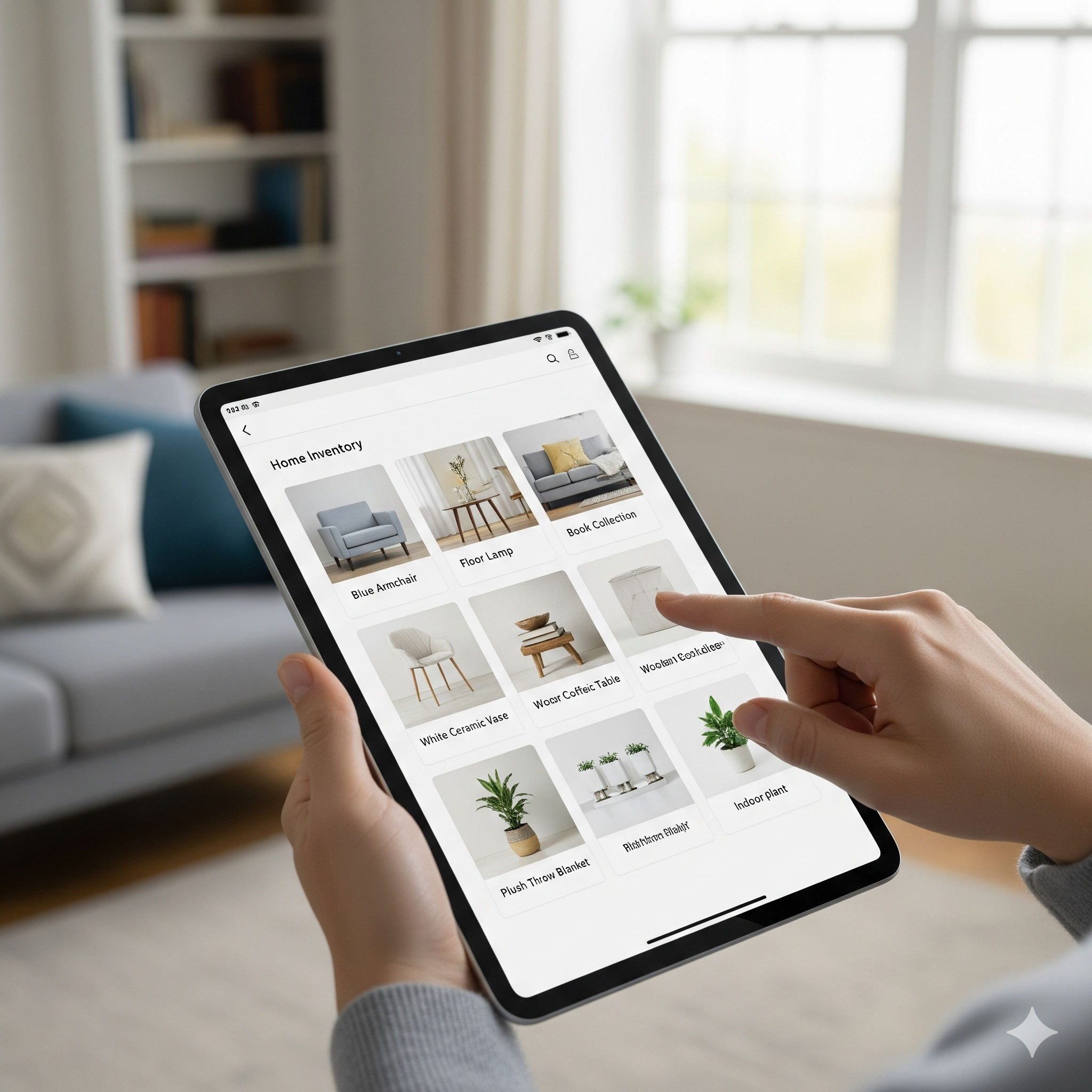 ClutterLogix app showing a visual home inventory on a tablet